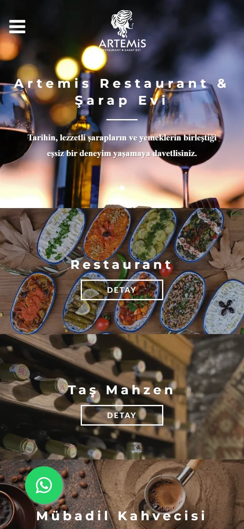 Artemis Restaurant & Şarapevi – Ana sayfa – mobil görünüm